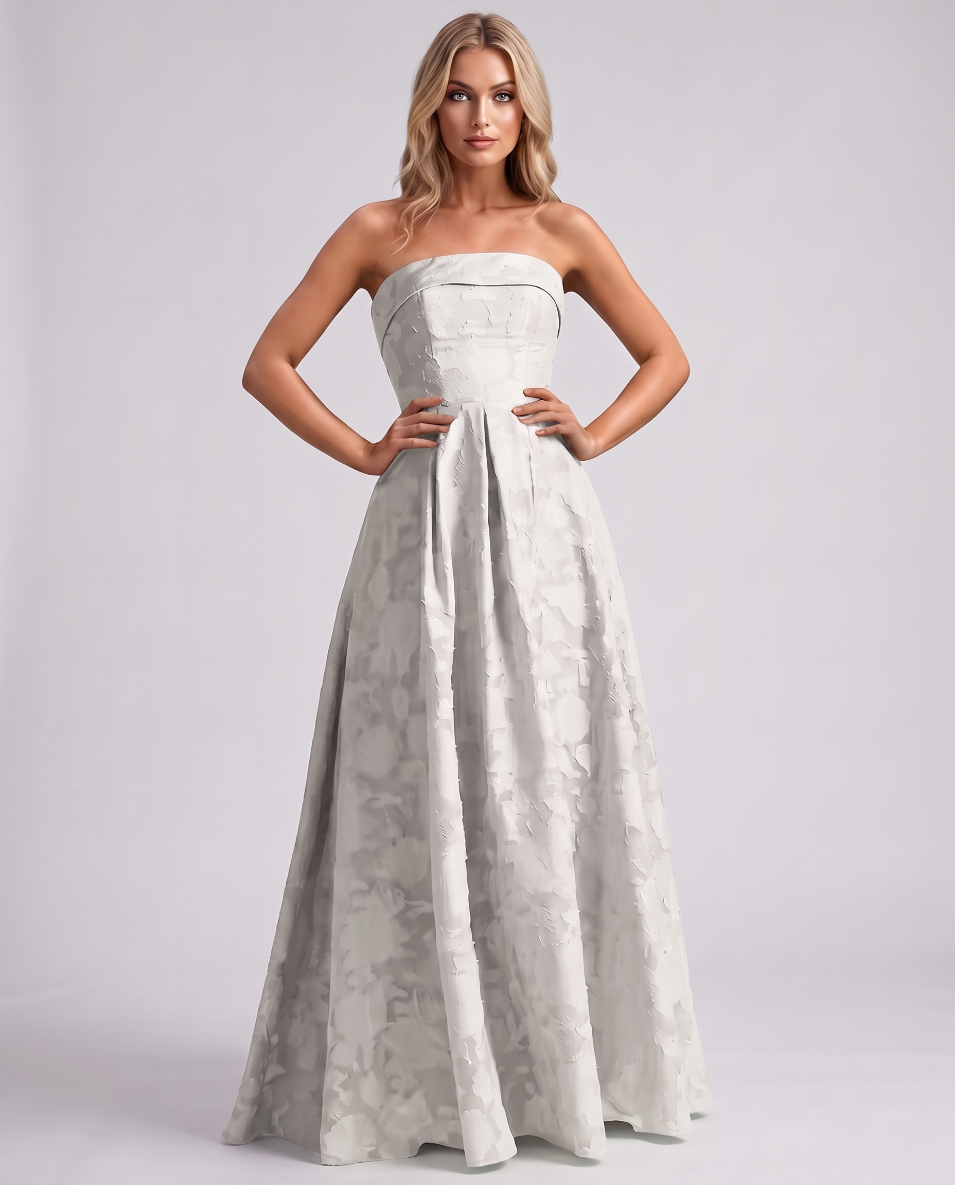Ivory Floral Jacquard Strapless Straight Neck A-Line Maxi Dress | Ramblion