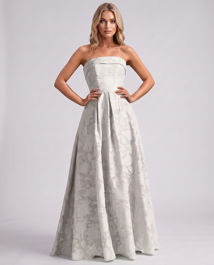 Ivory Floral Jacquard Strapless Straight Neck A-Line Maxi Dress | Ramblion