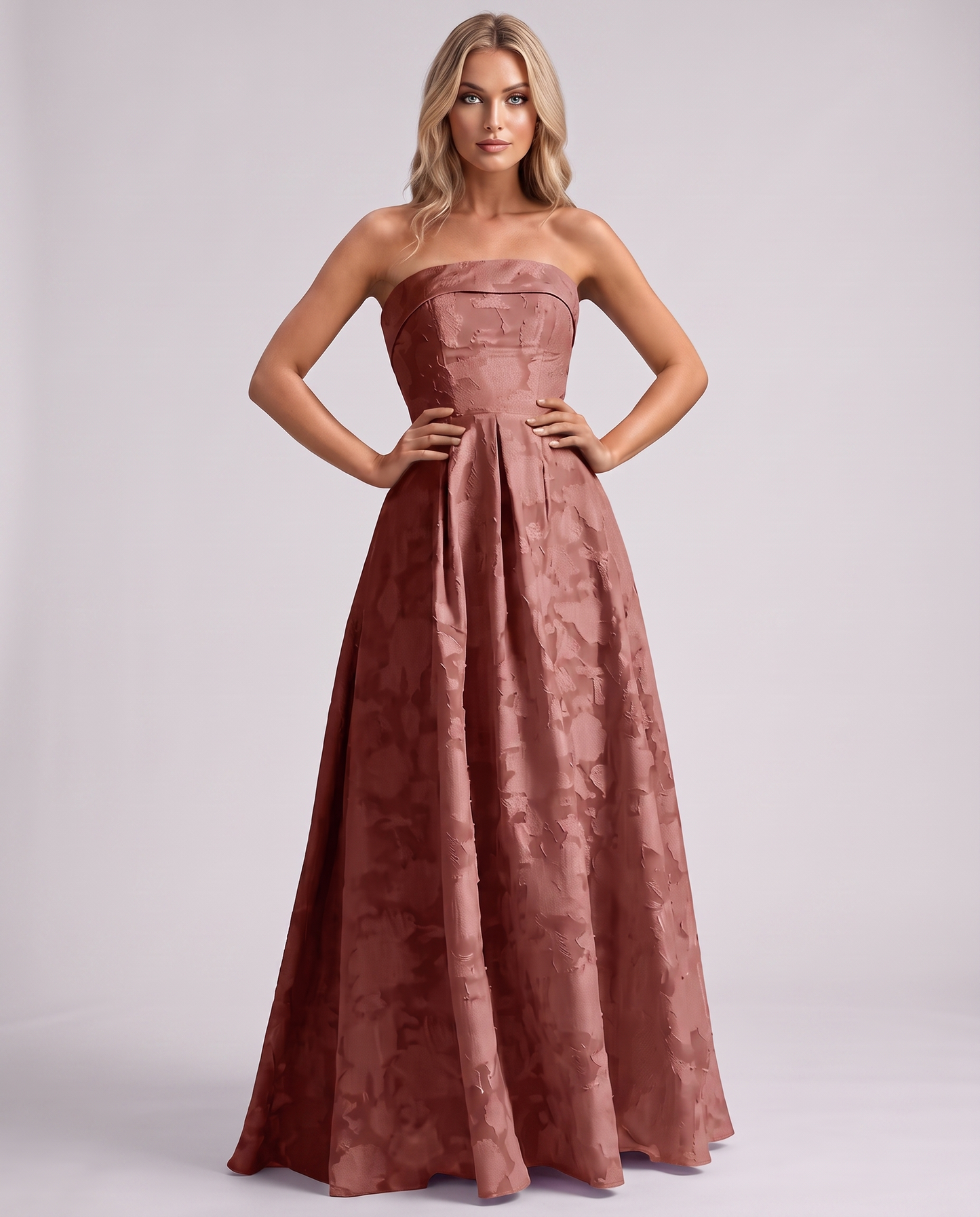 Dusty rose Floral Jacquard Strapless Straight Neck A-Line Maxi Dress | Ramblion