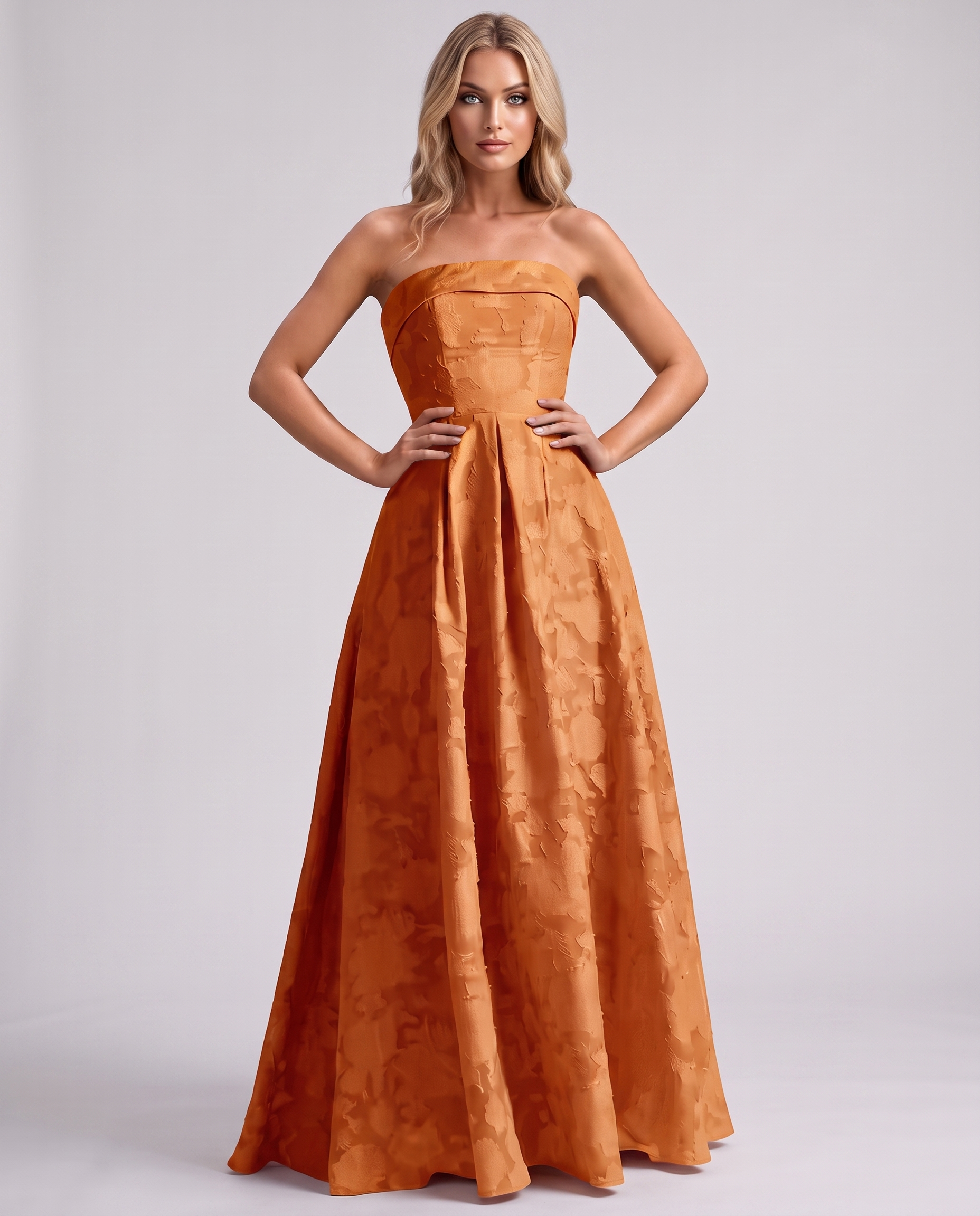 Orange Floral Jacquard Strapless Straight Neck A-Line Maxi Dress | Ramblion