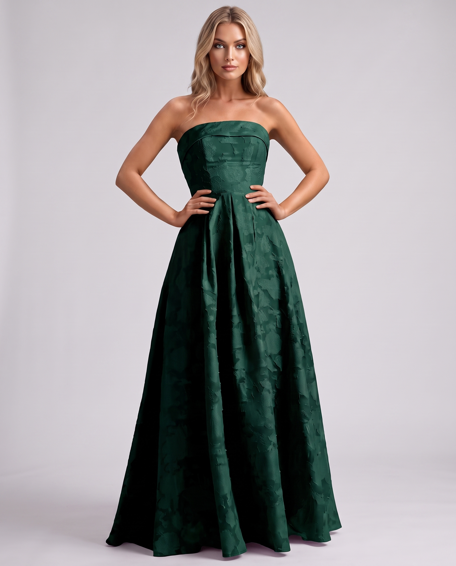 Emerald Floral Jacquard Strapless Straight Neck A-Line Maxi Dress | Ramblion