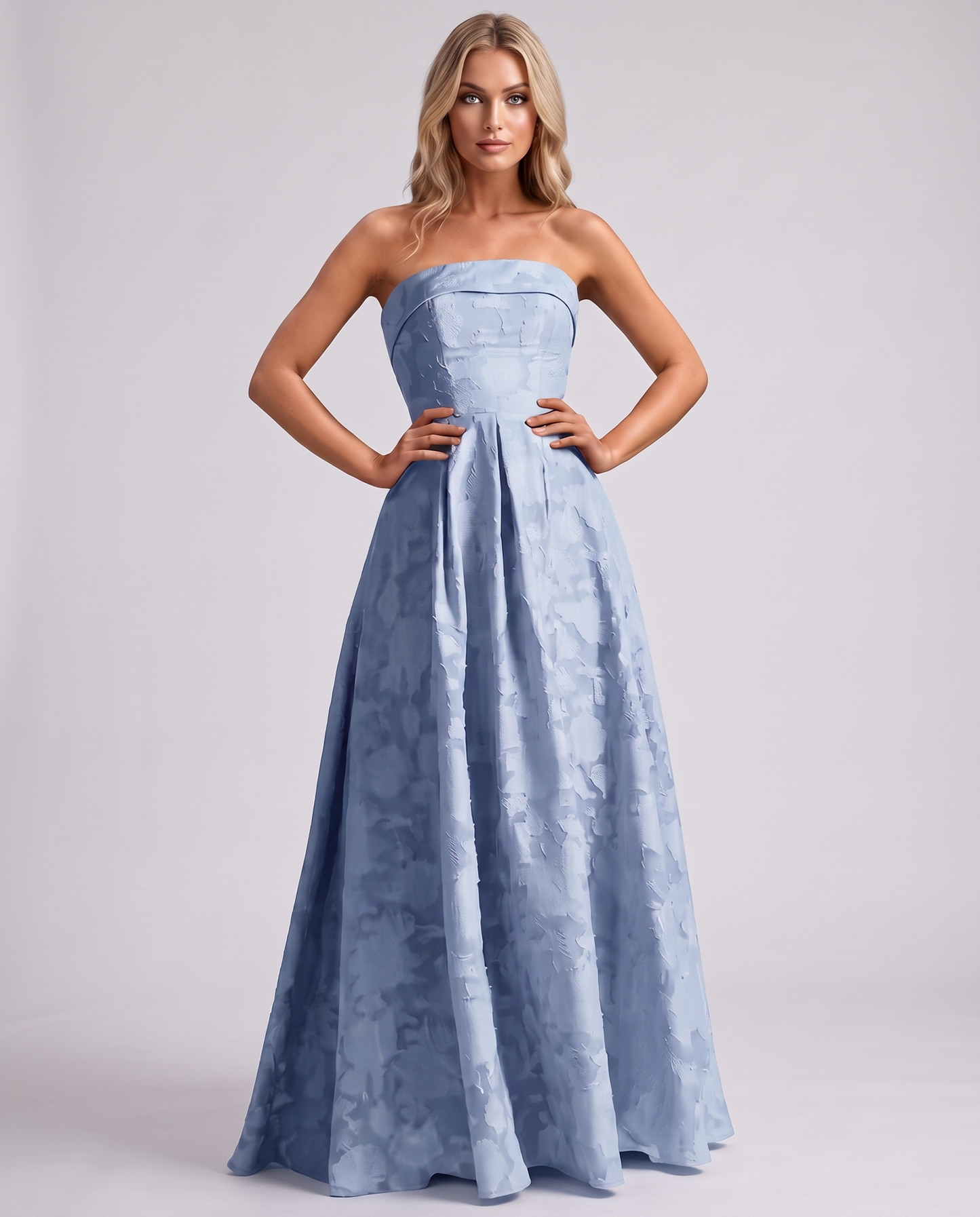 Light blue Floral Jacquard Strapless Straight Neck A-Line Maxi Dress | Ramblion