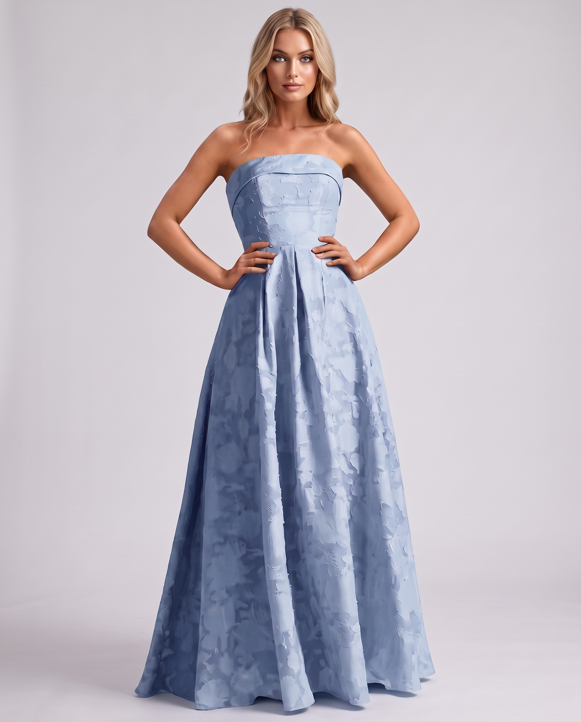 Light blue Floral Jacquard Strapless Straight Neck A-Line Maxi Dress | Ramblion