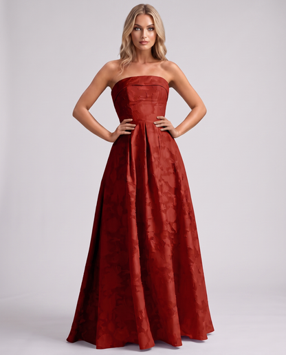 Red Floral Jacquard Strapless Straight Neck A-Line Maxi Dress | Ramblion