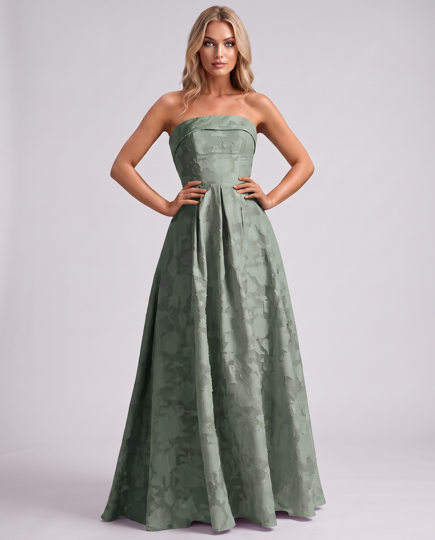 Sage Floral Jacquard Strapless Straight Neck A-Line Maxi Dress | Ramblion