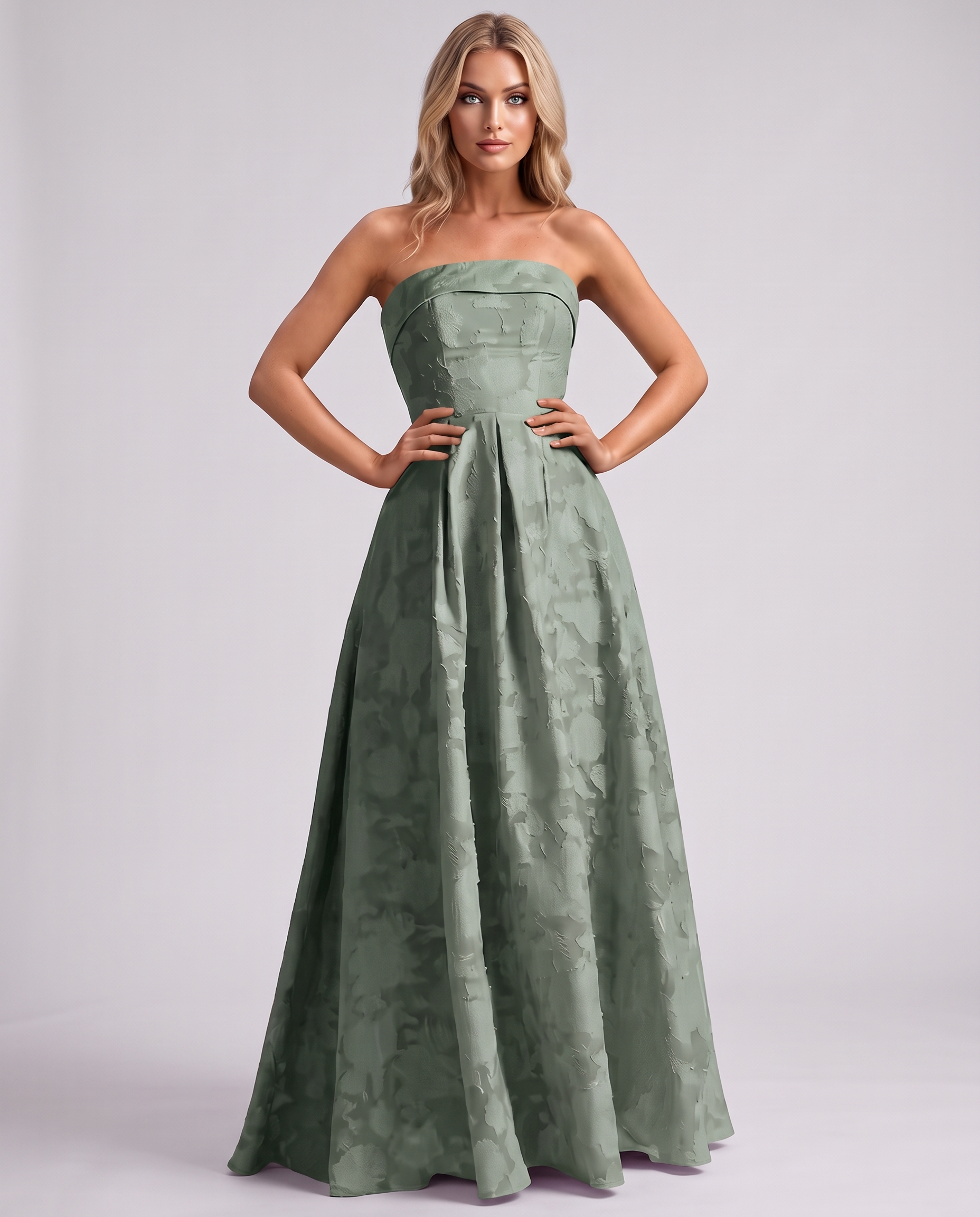 Sage Floral Jacquard Strapless Straight Neck A-Line Maxi Dress | Ramblion