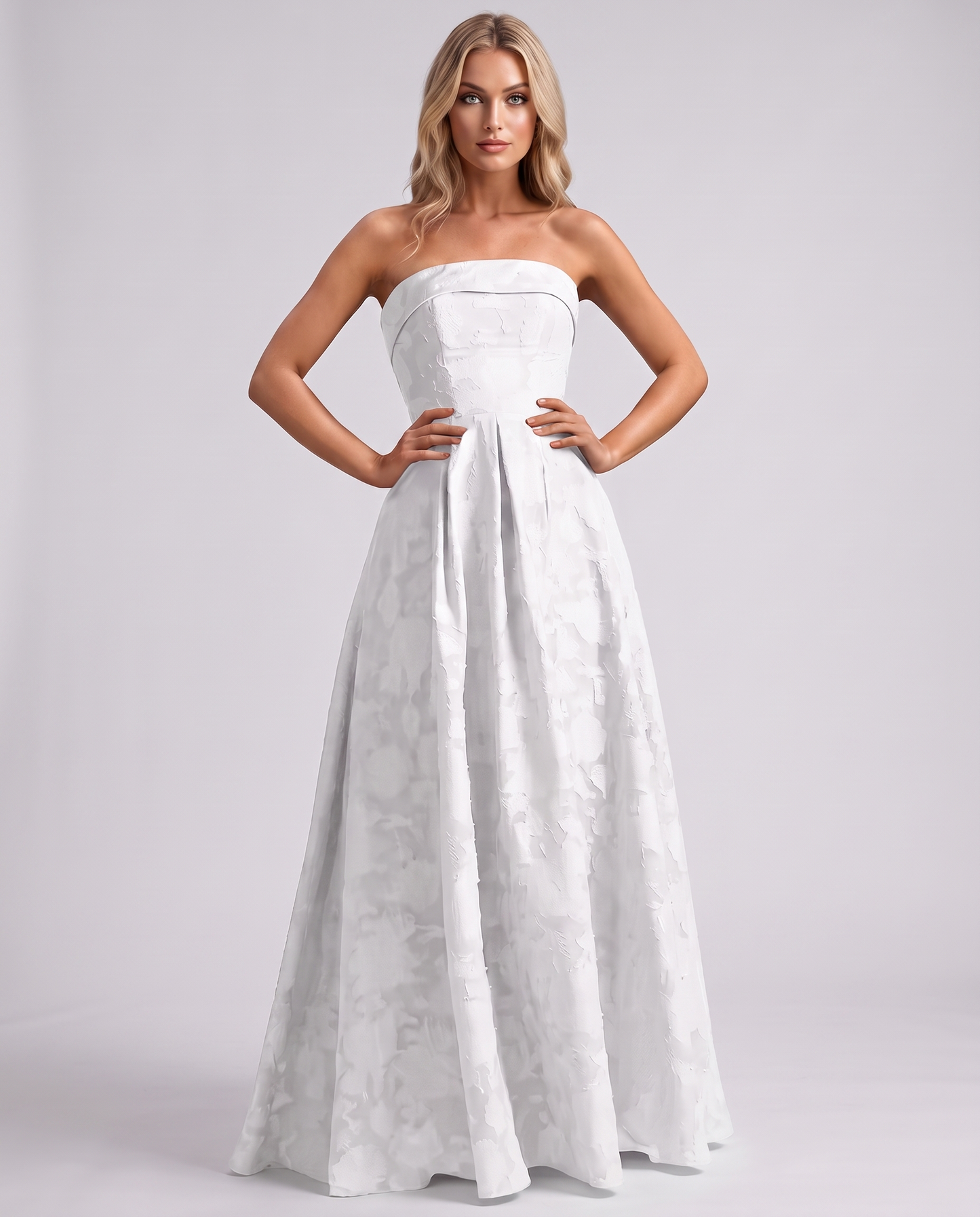 White Floral Jacquard Strapless Straight Neck A-Line Maxi Dress | Ramblion