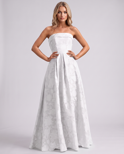 White Floral Jacquard Strapless Straight Neck A-Line Maxi Dress | Ramblion