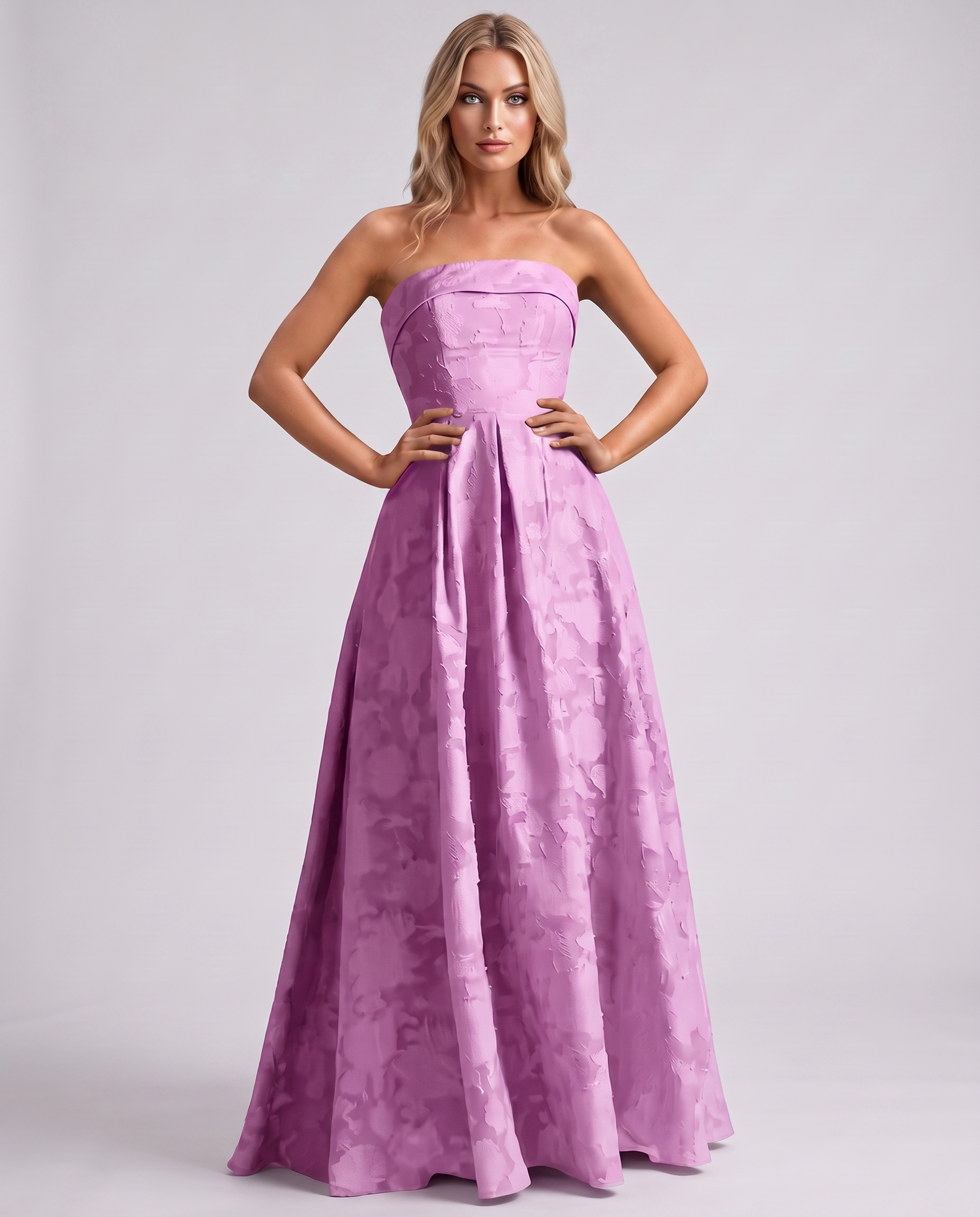 Lilac Floral Jacquard Strapless Straight Neck A-Line Maxi Dress | Ramblion