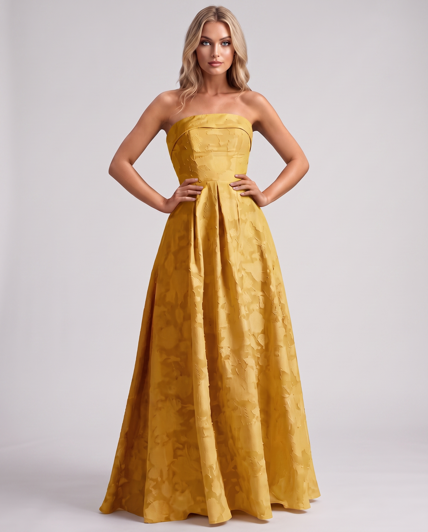 Yellow Floral Jacquard Strapless Straight Neck A-Line Maxi Dress | Ramblion