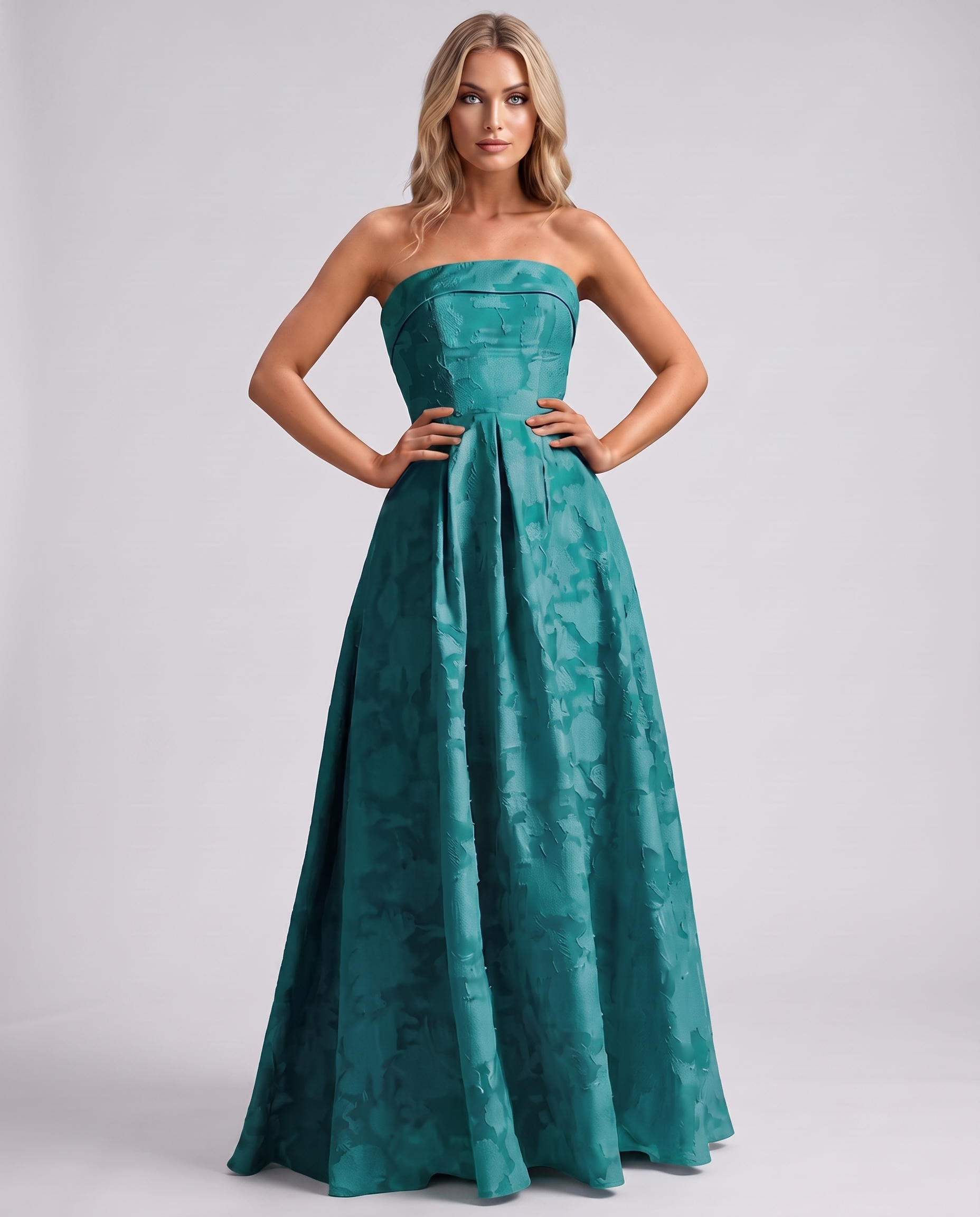 Aqua Floral Jacquard Strapless Straight Neck A-Line Maxi Dress | Ramblion