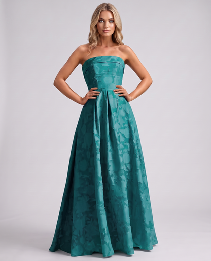 Aqua Floral Jacquard Strapless Straight Neck A-Line Maxi Dress | Ramblion