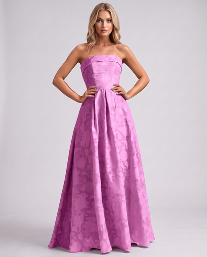 Fuchsia Floral Jacquard Strapless Straight Neck A-Line Maxi Dress | Ramblion
