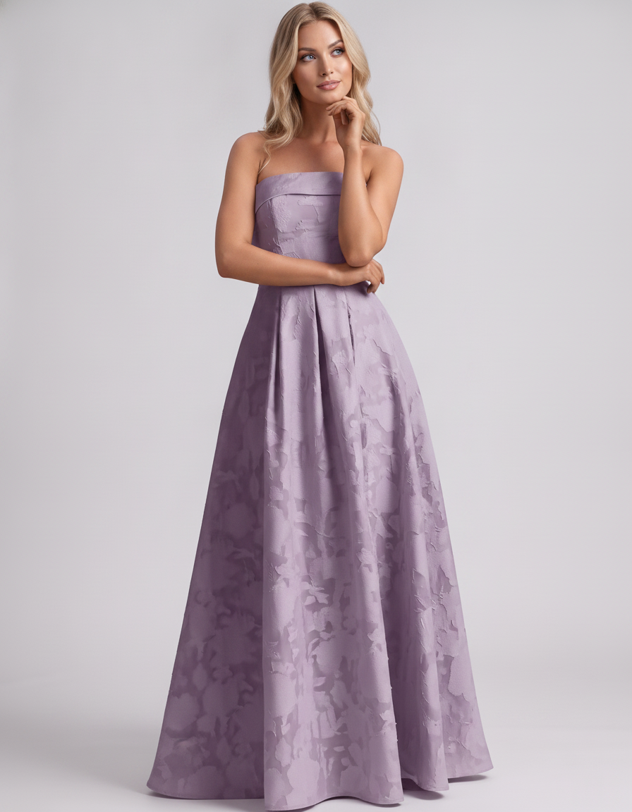 Mauve Floral Jacquard Strapless Straight Neck A-Line Maxi Dress | Ramblion | SKU: VM-583104726941852-MAUVE-L,VM-583104726941852-MAUVE-M,VM-583104726941852-MAUVE-S,VM-583104726941852-MAUVE-XL,VM-583104726941852-MAUVE-XS