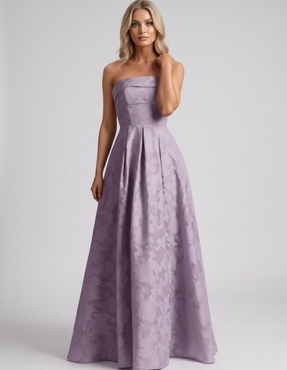 Mauve Floral Jacquard Strapless Straight Neck A-Line Maxi Dress | Ramblion | SKU: VM-583104726941852-MAUVE-L,VM-583104726941852-MAUVE-M,VM-583104726941852-MAUVE-S,VM-583104726941852-MAUVE-XL,VM-583104726941852-MAUVE-XS