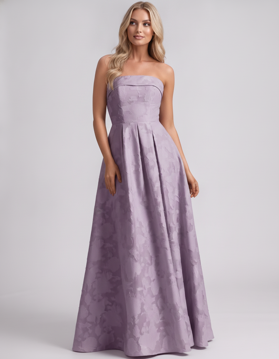 Mauve Floral Jacquard Strapless Straight Neck A-Line Maxi Dress | Ramblion | SKU: VM-583104726941852-MAUVE-L,VM-583104726941852-MAUVE-M,VM-583104726941852-MAUVE-S,VM-583104726941852-MAUVE-XL,VM-583104726941852-MAUVE-XS