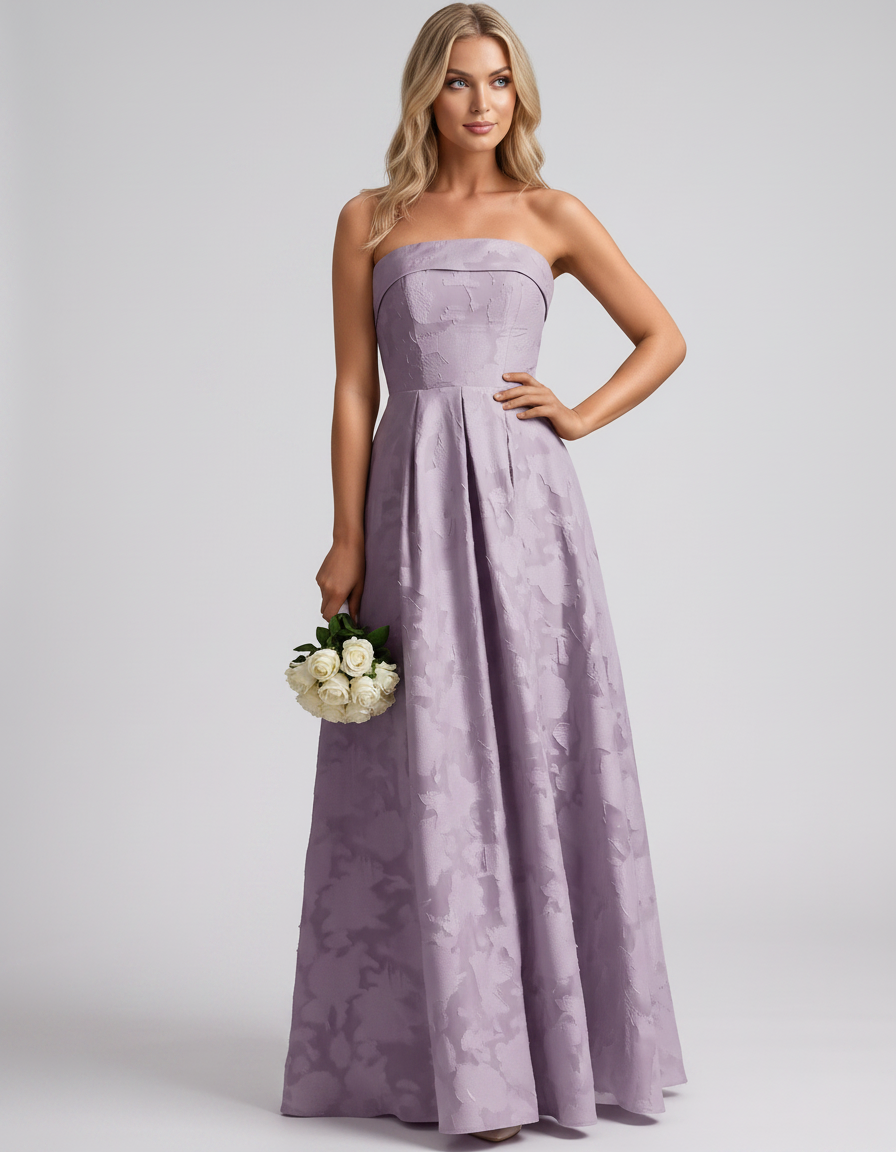 Mauve Floral Jacquard Strapless Straight Neck A-Line Maxi Dress | Ramblion | SKU: VM-583104726941852-MAUVE-L,VM-583104726941852-MAUVE-M,VM-583104726941852-MAUVE-S,VM-583104726941852-MAUVE-XL,VM-583104726941852-MAUVE-XS
