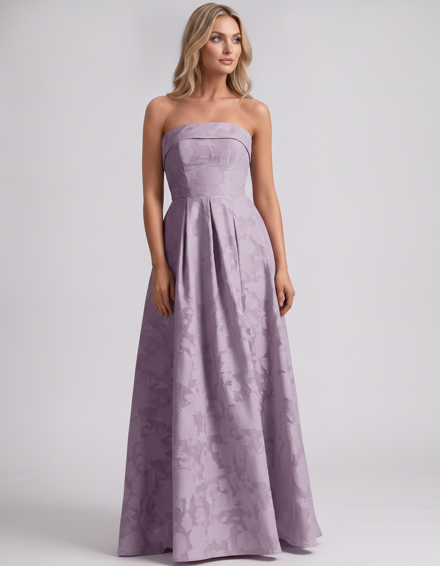 Mauve Floral Jacquard Strapless Straight Neck A-Line Maxi Dress | Ramblion | SKU: VM-583104726941852-MAUVE-L,VM-583104726941852-MAUVE-M,VM-583104726941852-MAUVE-S,VM-583104726941852-MAUVE-XL,VM-583104726941852-MAUVE-XS