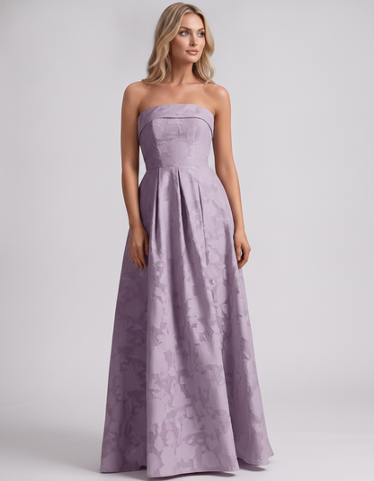 Mauve Floral Jacquard Strapless Straight Neck A-Line Maxi Dress | Ramblion | SKU: VM-583104726941852-MAUVE-L,VM-583104726941852-MAUVE-M,VM-583104726941852-MAUVE-S,VM-583104726941852-MAUVE-XL,VM-583104726941852-MAUVE-XS