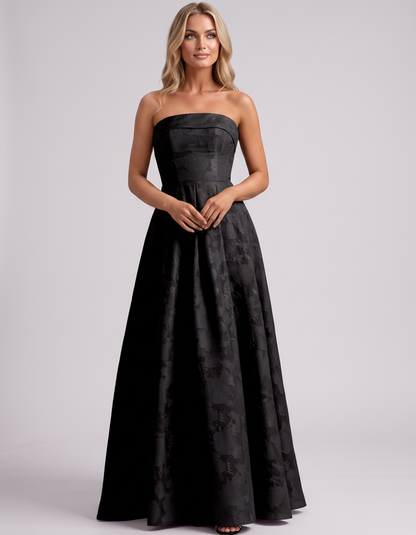 Black Floral Jacquard Strapless Straight Neck A-Line Maxi Dress | Ramblion | SKU: VM-583104726941852-BLACK-L,VM-583104726941852-BLACK-M,VM-583104726941852-BLACK-S,VM-583104726941852-BLACK-XL,VM-583104726941852-BLACK-XS