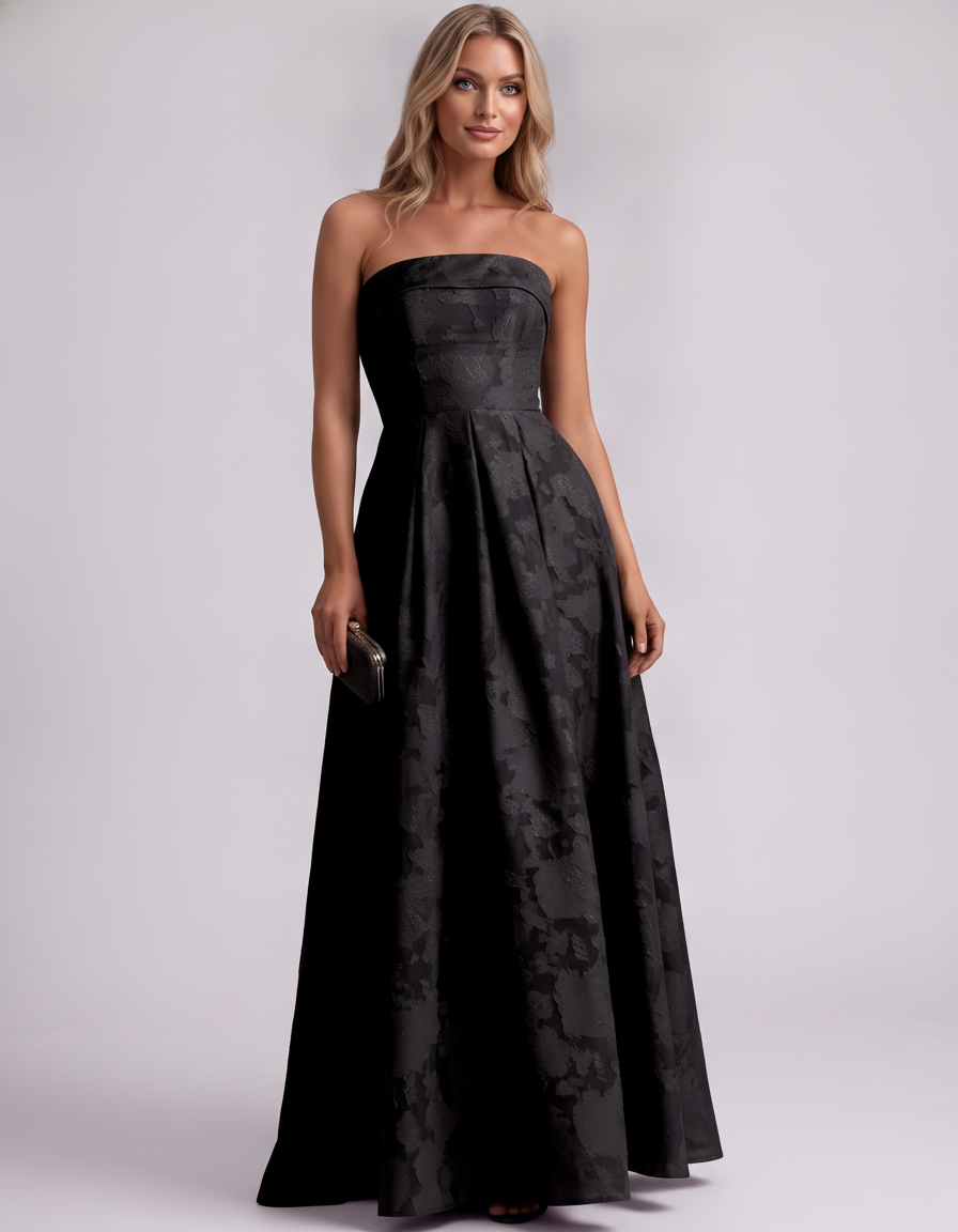 Black Floral Jacquard Strapless Straight Neck A-Line Maxi Dress | Ramblion | SKU: VM-583104726941852-BLACK-L,VM-583104726941852-BLACK-M,VM-583104726941852-BLACK-S,VM-583104726941852-BLACK-XL,VM-583104726941852-BLACK-XS