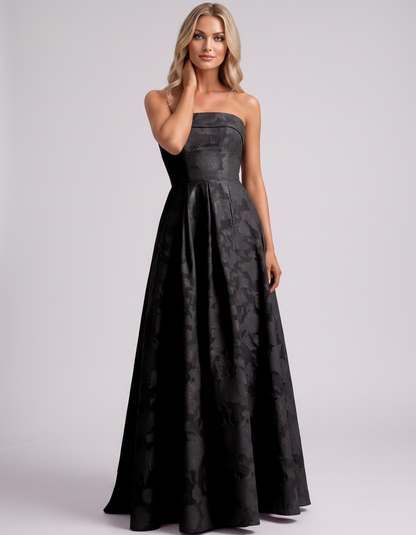 Black Floral Jacquard Strapless Straight Neck A-Line Maxi Dress | Ramblion | SKU: VM-583104726941852-BLACK-L,VM-583104726941852-BLACK-M,VM-583104726941852-BLACK-S,VM-583104726941852-BLACK-XL,VM-583104726941852-BLACK-XS