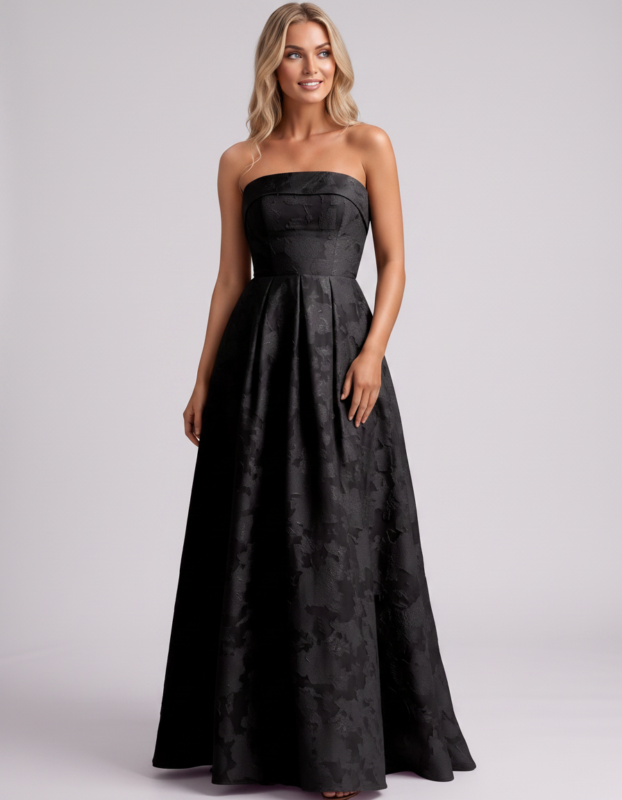 Black Floral Jacquard Strapless Straight Neck A-Line Maxi Dress | Ramblion | SKU: VM-583104726941852-BLACK-L,VM-583104726941852-BLACK-M,VM-583104726941852-BLACK-S,VM-583104726941852-BLACK-XL,VM-583104726941852-BLACK-XS