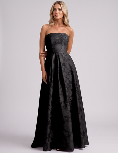Black Floral Jacquard Strapless Straight Neck A-Line Maxi Dress | Ramblion | SKU: VM-583104726941852-BLACK-L,VM-583104726941852-BLACK-M,VM-583104726941852-BLACK-S,VM-583104726941852-BLACK-XL,VM-583104726941852-BLACK-XS