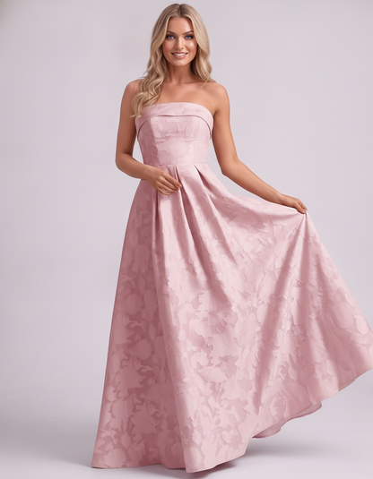 Blush Floral Jacquard Strapless Straight Neck A-Line Maxi Dress | Ramblion | SKU: VM-583104726941852-BLUSH-L,VM-583104726941852-BLUSH-M,VM-583104726941852-BLUSH-S,VM-583104726941852-BLUSH-XL,VM-583104726941852-BLUSH-XS