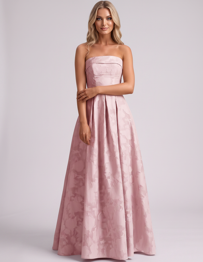 Blush Floral Jacquard Strapless Straight Neck A-Line Maxi Dress | Ramblion | SKU: VM-583104726941852-BLUSH-L,VM-583104726941852-BLUSH-M,VM-583104726941852-BLUSH-S,VM-583104726941852-BLUSH-XL,VM-583104726941852-BLUSH-XS