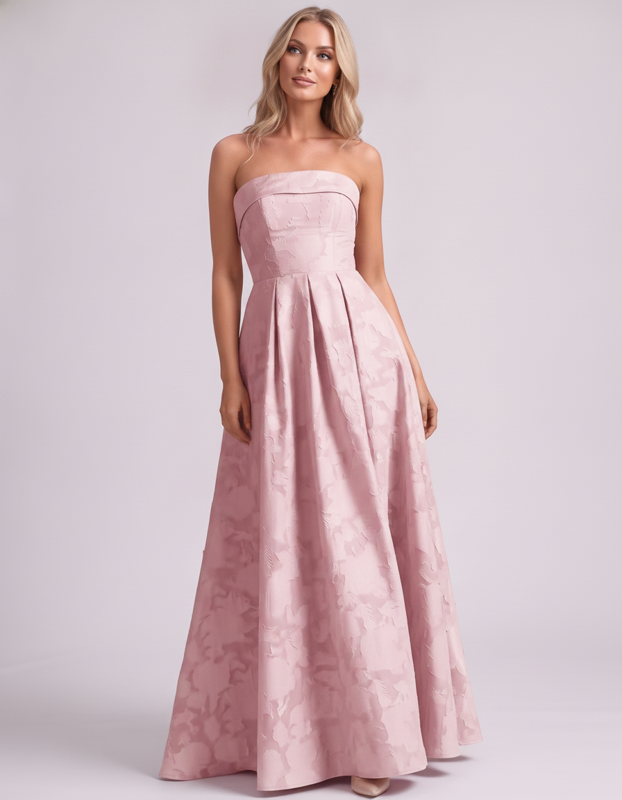 Blush Floral Jacquard Strapless Straight Neck A-Line Maxi Dress | Ramblion | SKU: VM-583104726941852-BLUSH-L,VM-583104726941852-BLUSH-M,VM-583104726941852-BLUSH-S,VM-583104726941852-BLUSH-XL,VM-583104726941852-BLUSH-XS