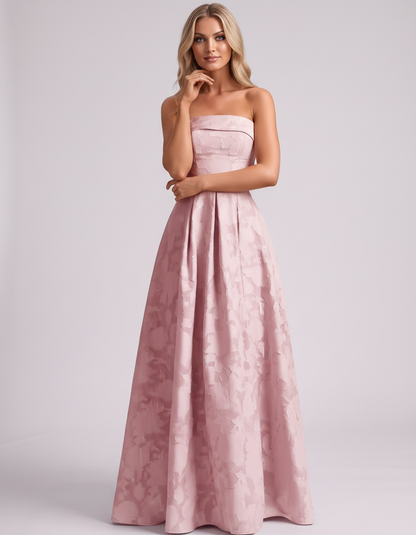 Blush Floral Jacquard Strapless Straight Neck A-Line Maxi Dress | Ramblion | SKU: VM-583104726941852-BLUSH-L,VM-583104726941852-BLUSH-M,VM-583104726941852-BLUSH-S,VM-583104726941852-BLUSH-XL,VM-583104726941852-BLUSH-XS