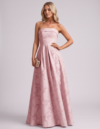 Blush Floral Jacquard Strapless Straight Neck A-Line Maxi Dress | Ramblion | SKU: VM-583104726941852-BLUSH-L,VM-583104726941852-BLUSH-M,VM-583104726941852-BLUSH-S,VM-583104726941852-BLUSH-XL,VM-583104726941852-BLUSH-XS