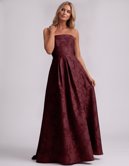 Burgundy Floral Jacquard Strapless Straight Neck A-Line Maxi Dress | Ramblion | SKU: VM-583104726941852-BURGUNDY-L,VM-583104726941852-BURGUNDY-M,VM-583104726941852-BURGUNDY-S,VM-583104726941852-BURGUNDY-XL,VM-583104726941852-BURGUNDY-XS