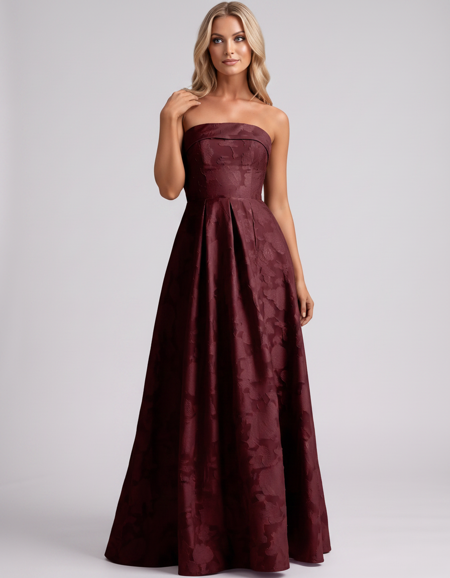 Burgundy Floral Jacquard Strapless Straight Neck A-Line Maxi Dress | Ramblion | SKU: VM-583104726941852-BURGUNDY-L,VM-583104726941852-BURGUNDY-M,VM-583104726941852-BURGUNDY-S,VM-583104726941852-BURGUNDY-XL,VM-583104726941852-BURGUNDY-XS