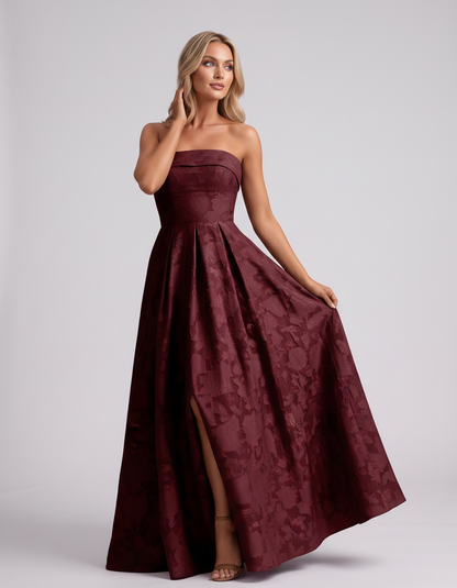 Burgundy Floral Jacquard Strapless Straight Neck A-Line Maxi Dress | Ramblion | SKU: VM-583104726941852-BURGUNDY-L,VM-583104726941852-BURGUNDY-M,VM-583104726941852-BURGUNDY-S,VM-583104726941852-BURGUNDY-XL,VM-583104726941852-BURGUNDY-XS