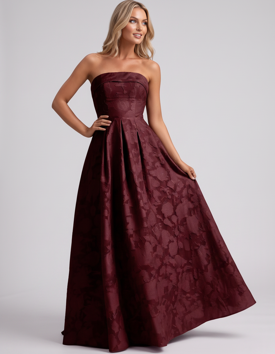 Burgundy Floral Jacquard Strapless Straight Neck A-Line Maxi Dress | Ramblion | SKU: VM-583104726941852-BURGUNDY-L,VM-583104726941852-BURGUNDY-M,VM-583104726941852-BURGUNDY-S,VM-583104726941852-BURGUNDY-XL,VM-583104726941852-BURGUNDY-XS