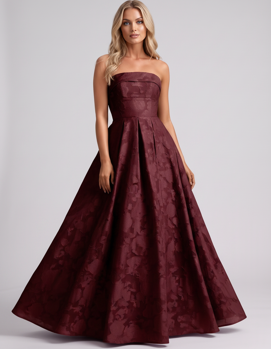 Burgundy Floral Jacquard Strapless Straight Neck A-Line Maxi Dress | Ramblion | SKU: VM-583104726941852-BURGUNDY-L,VM-583104726941852-BURGUNDY-M,VM-583104726941852-BURGUNDY-S,VM-583104726941852-BURGUNDY-XL,VM-583104726941852-BURGUNDY-XS