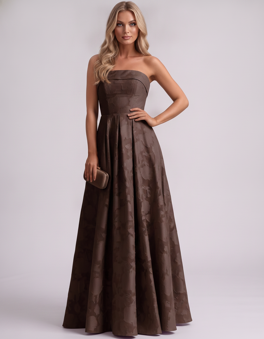 Brown Floral Jacquard Strapless Straight Neck A-Line Maxi Dress | Ramblion | SKU: VM-583104726941852-BROWN-L,VM-583104726941852-BROWN-M,VM-583104726941852-BROWN-S,VM-583104726941852-BROWN-XL,VM-583104726941852-BROWN-XS
