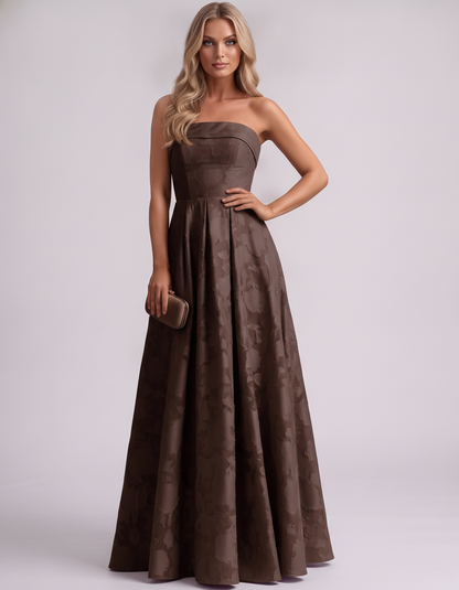 Brown Floral Jacquard Strapless Straight Neck A-Line Maxi Dress | Ramblion | SKU: VM-583104726941852-BROWN-L,VM-583104726941852-BROWN-M,VM-583104726941852-BROWN-S,VM-583104726941852-BROWN-XL,VM-583104726941852-BROWN-XS