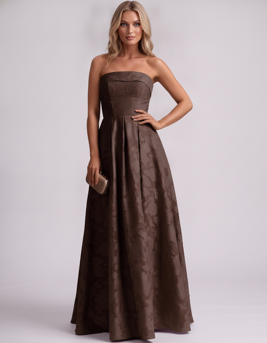 Brown Floral Jacquard Strapless Straight Neck A-Line Maxi Dress | Ramblion | SKU: VM-583104726941852-BROWN-L,VM-583104726941852-BROWN-M,VM-583104726941852-BROWN-S,VM-583104726941852-BROWN-XL,VM-583104726941852-BROWN-XS