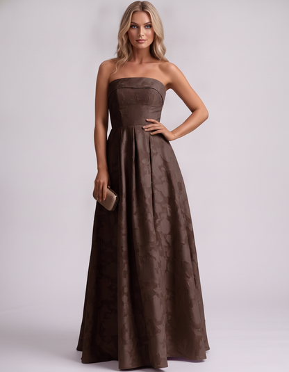 Brown Floral Jacquard Strapless Straight Neck A-Line Maxi Dress | Ramblion | SKU: VM-583104726941852-BROWN-L,VM-583104726941852-BROWN-M,VM-583104726941852-BROWN-S,VM-583104726941852-BROWN-XL,VM-583104726941852-BROWN-XS