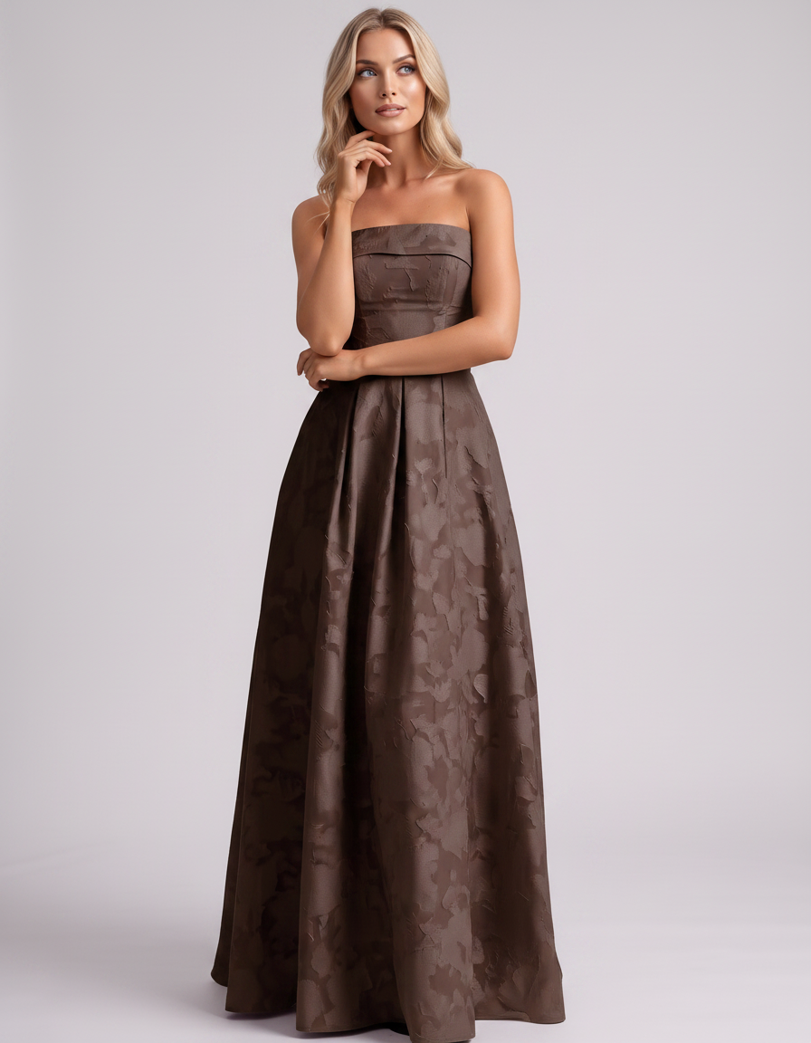 Brown Floral Jacquard Strapless Straight Neck A-Line Maxi Dress | Ramblion | SKU: VM-583104726941852-BROWN-L,VM-583104726941852-BROWN-M,VM-583104726941852-BROWN-S,VM-583104726941852-BROWN-XL,VM-583104726941852-BROWN-XS