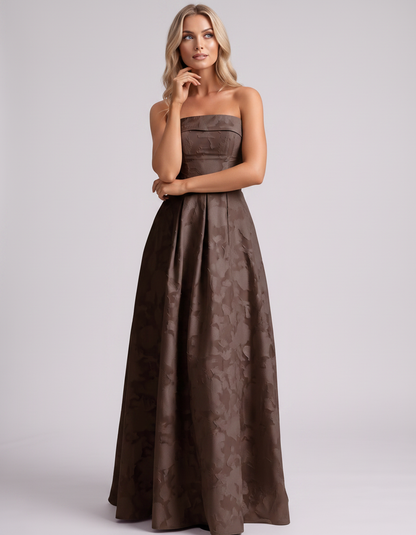 Brown Floral Jacquard Strapless Straight Neck A-Line Maxi Dress | Ramblion | SKU: VM-583104726941852-BROWN-L,VM-583104726941852-BROWN-M,VM-583104726941852-BROWN-S,VM-583104726941852-BROWN-XL,VM-583104726941852-BROWN-XS