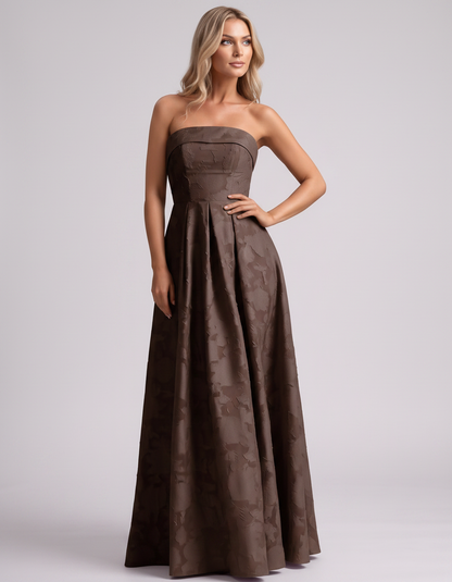 Brown Floral Jacquard Strapless Straight Neck A-Line Maxi Dress | Ramblion | SKU: VM-583104726941852-BROWN-L,VM-583104726941852-BROWN-M,VM-583104726941852-BROWN-S,VM-583104726941852-BROWN-XL,VM-583104726941852-BROWN-XS