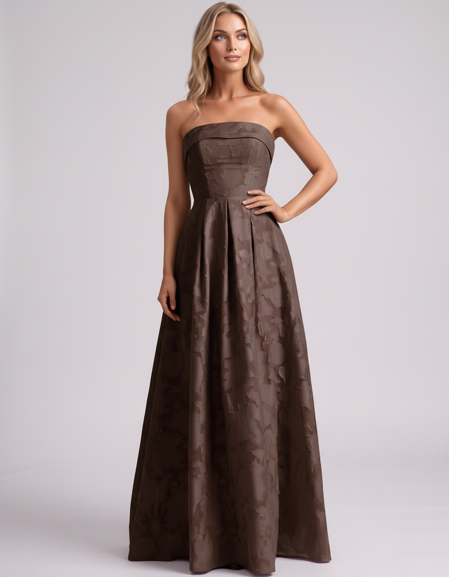 Brown Floral Jacquard Strapless Straight Neck A-Line Maxi Dress | Ramblion | SKU: VM-583104726941852-BROWN-L,VM-583104726941852-BROWN-M,VM-583104726941852-BROWN-S,VM-583104726941852-BROWN-XL,VM-583104726941852-BROWN-XS