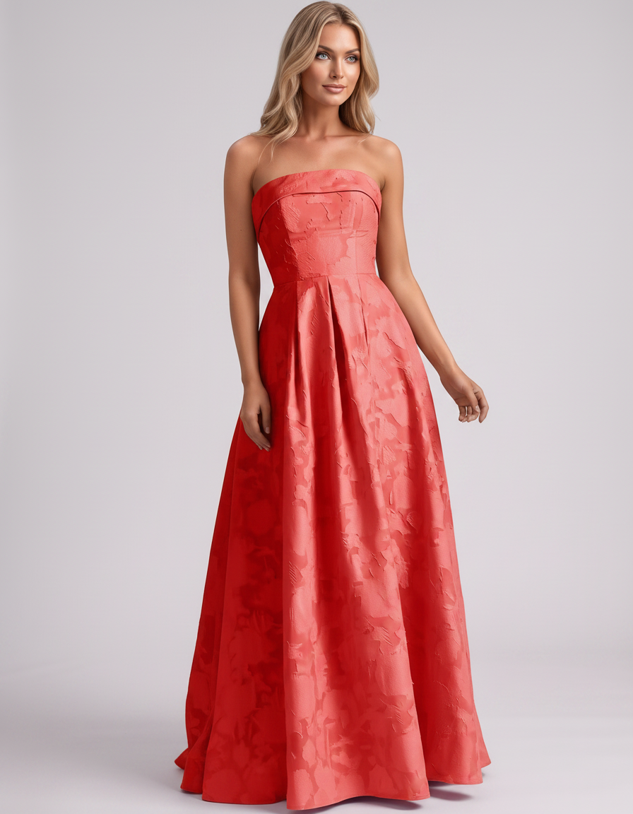 Coral Floral Jacquard Strapless Straight Neck A-Line Maxi Dress | Ramblion | SKU: VM-583104726941852-CORAL-L,VM-583104726941852-CORAL-M,VM-583104726941852-CORAL-S,VM-583104726941852-CORAL-XL,VM-583104726941852-CORAL-XS