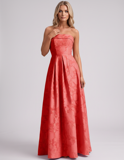 Coral Floral Jacquard Strapless Straight Neck A-Line Maxi Dress | Ramblion | SKU: VM-583104726941852-CORAL-L,VM-583104726941852-CORAL-M,VM-583104726941852-CORAL-S,VM-583104726941852-CORAL-XL,VM-583104726941852-CORAL-XS