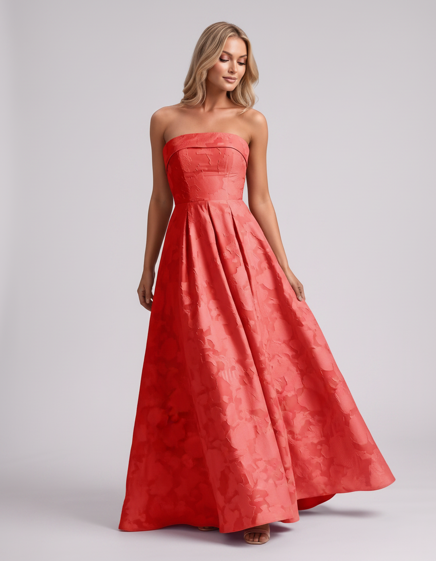 Coral Floral Jacquard Strapless Straight Neck A-Line Maxi Dress | Ramblion | SKU: VM-583104726941852-CORAL-L,VM-583104726941852-CORAL-M,VM-583104726941852-CORAL-S,VM-583104726941852-CORAL-XL,VM-583104726941852-CORAL-XS