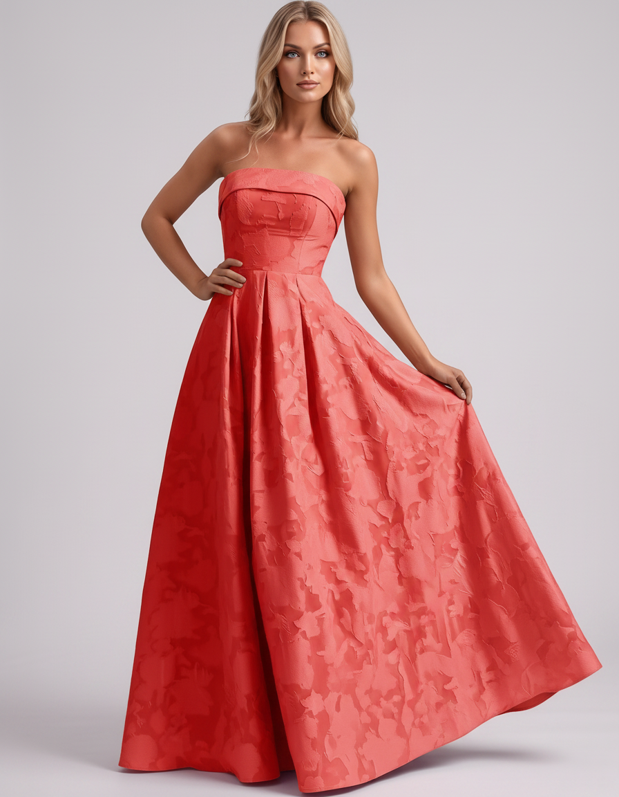Coral Floral Jacquard Strapless Straight Neck A-Line Maxi Dress | Ramblion | SKU: VM-583104726941852-CORAL-L,VM-583104726941852-CORAL-M,VM-583104726941852-CORAL-S,VM-583104726941852-CORAL-XL,VM-583104726941852-CORAL-XS